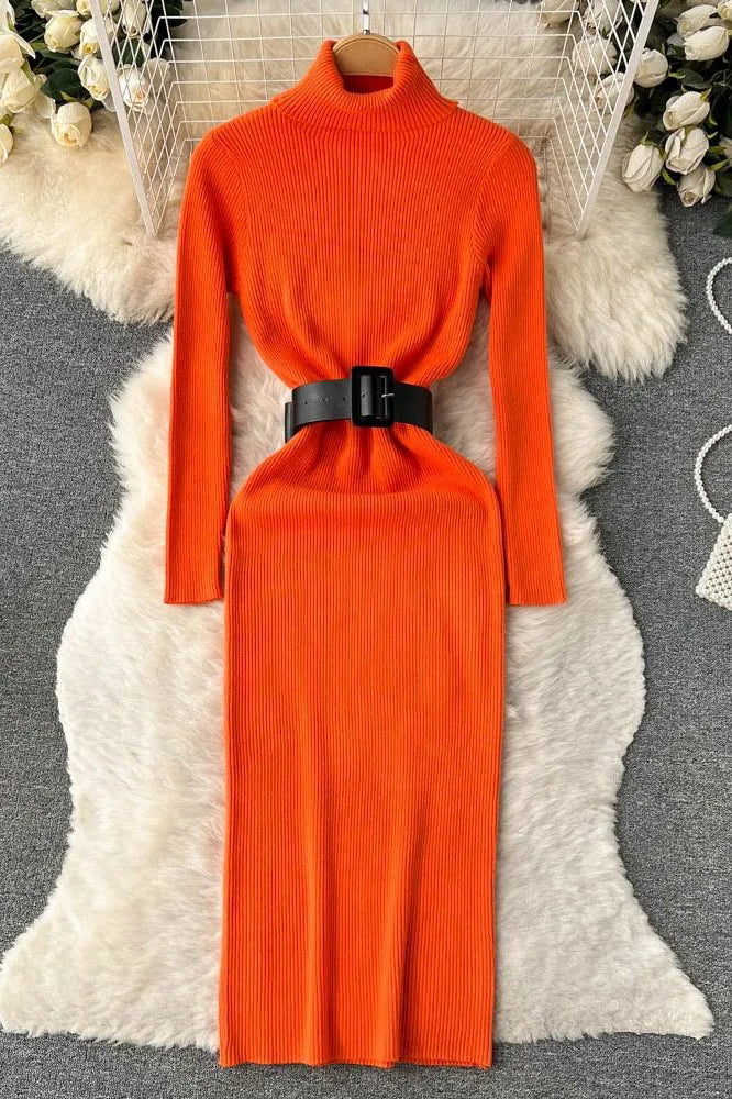 Knitted Elegant Turtleneck Long Sweater Dress with Belt Lady Package Hips Bodycon Dress
