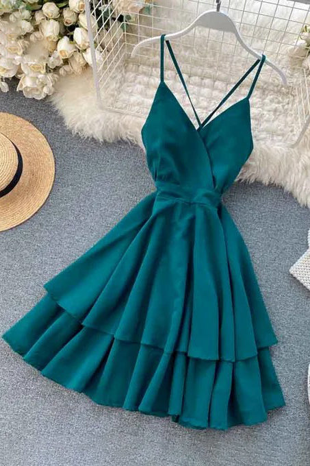 Backless Bow Bandage Beach Dress V-neck Strap Double Ruffles Short Dress