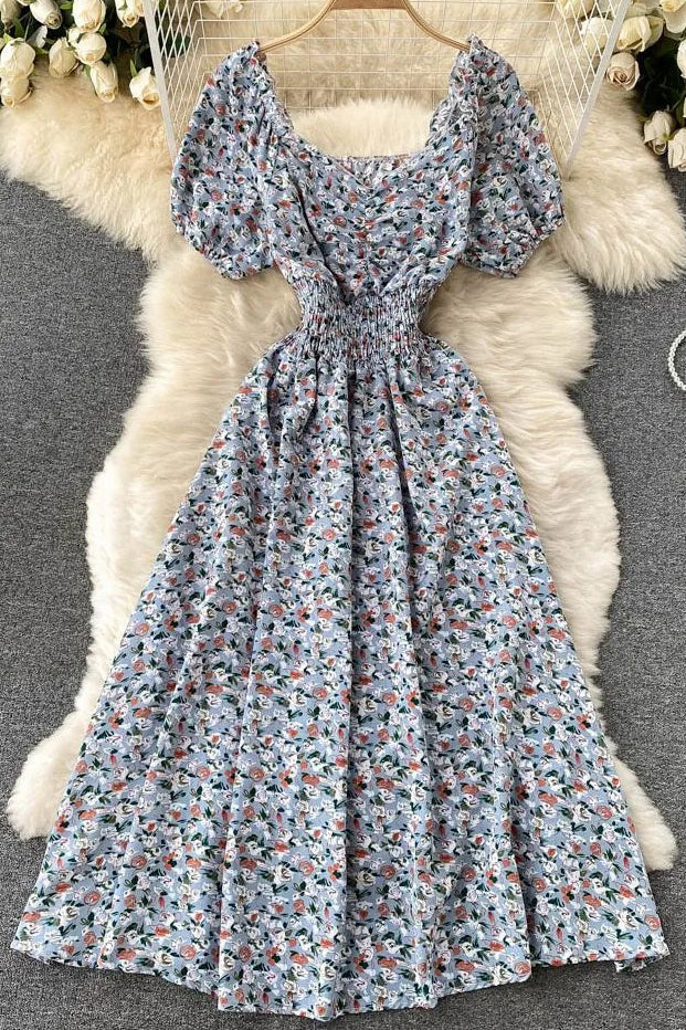 Dress V-Neck Puff Sleeve Floral Print Elastic Corset Dress