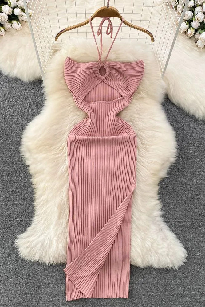 Dress Knitted Strapless Wrap Hips High Split Bodycon Dress
