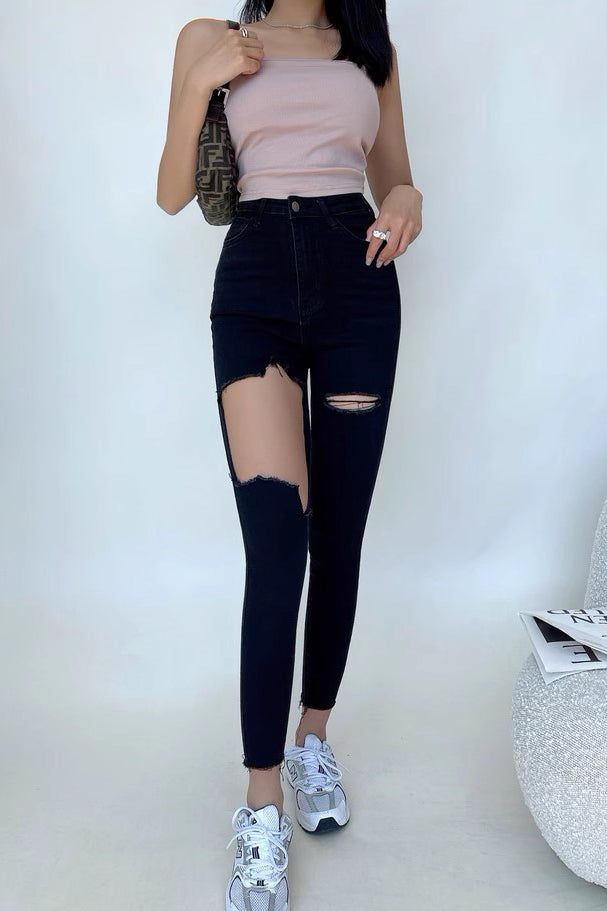 Tight Wrap Hip High Waist Big Hole Jeans