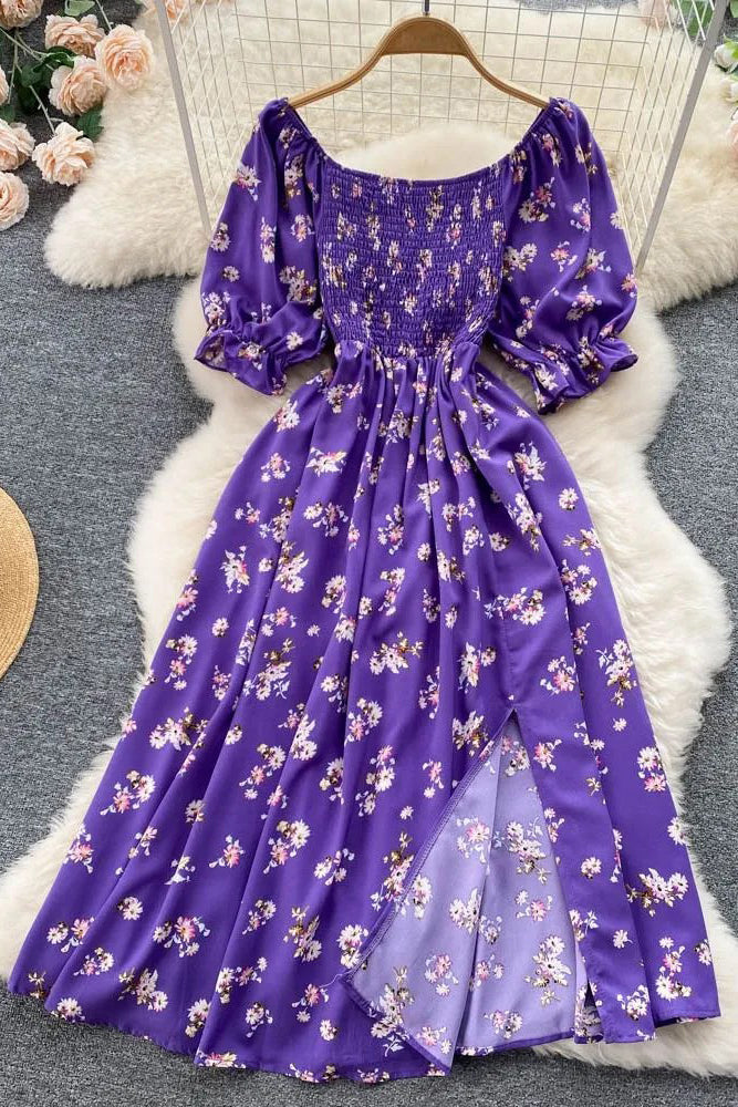 Dress Romantic Floral Print Split Long Dress