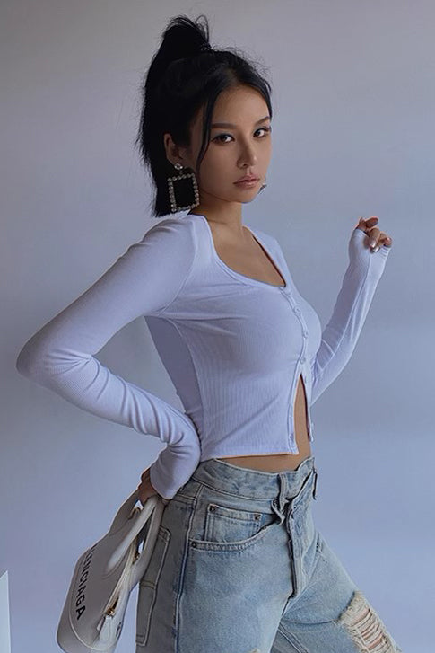 Elastic Tight U-Neck Long Sleeved High Waisted Top