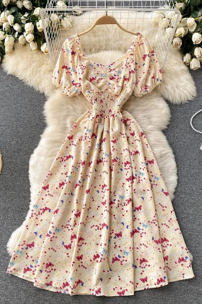 Dress V-Neck Puff Sleeve Floral Print Elastic Corset Dress