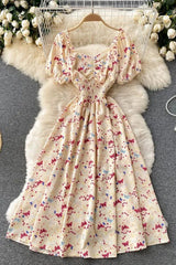 Dress V-Neck Puff Sleeve Floral Print Elastic Corset Dress