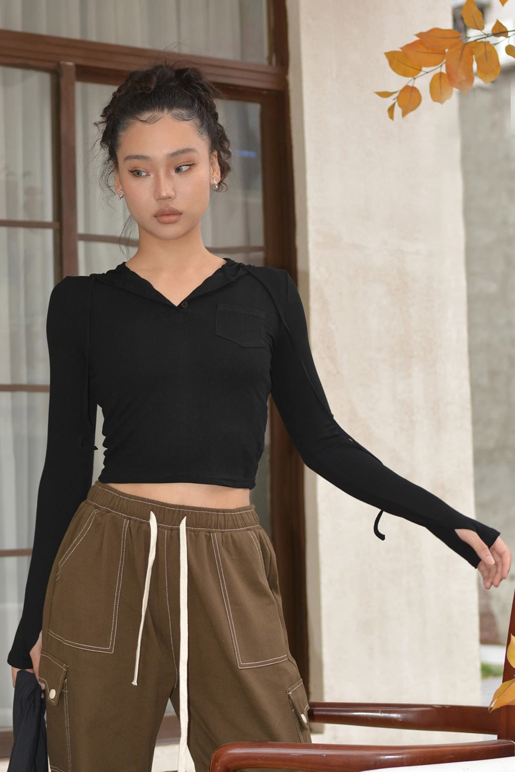 Rib-knit Pocket Front Solid Hooded Tops