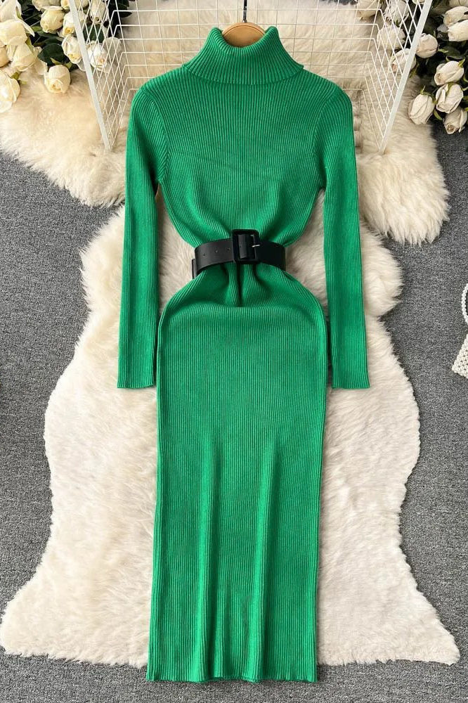 Knitted Elegant Turtleneck Long Sweater Dress with Belt Lady Package Hips Bodycon Dress