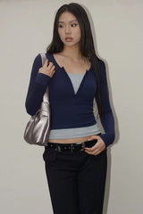 Contrast Long Sleeve Fake Two Slim Fit T-Shirts Tops