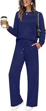 Dark Grey Pleated Detail Top & Drawstring Wide Leg Pants Two Piece Loungewear Set