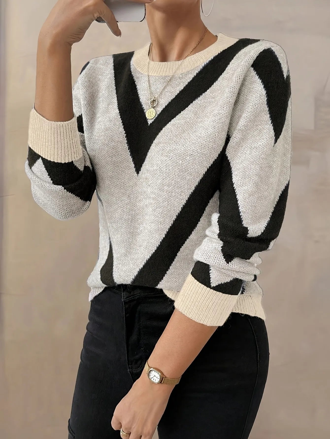Geometric Chevron Color Block Knit Sweater