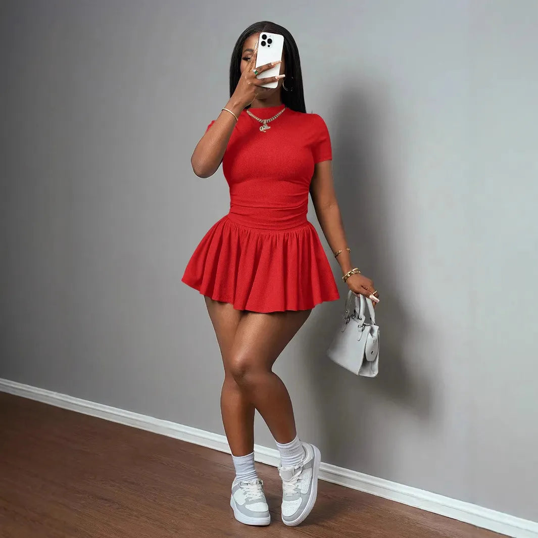 Ribbed Short Sleeve Crop Top & Ruffled Flared Skort Two Piece Set