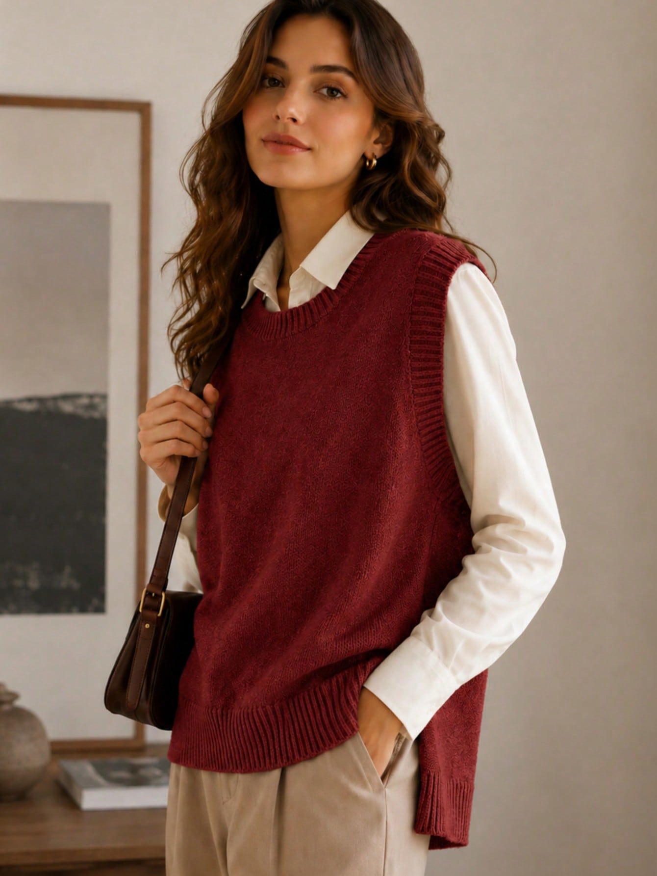 Chocolate Brown Round Neck Knit Sweater Vest