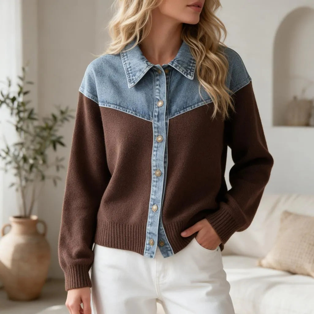 Western Style Denim & Knit Patchwork Sweater, Long Sleeve Button Front Contrast Collar Knit Jacket
