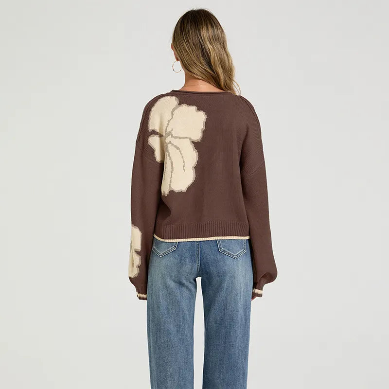 Oversized Floral Print Knit Cardigan Vintage Big Flower Long Sleeve Button Front Top
