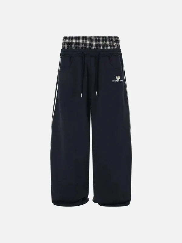 Plaid Waistband Stripe Wide Leg Grey Sweatpants