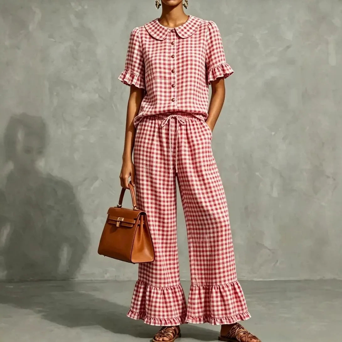 Gingham Peter Pan Collar Ruffle Short Sleeve Top & Flared Pants Two Piece Set