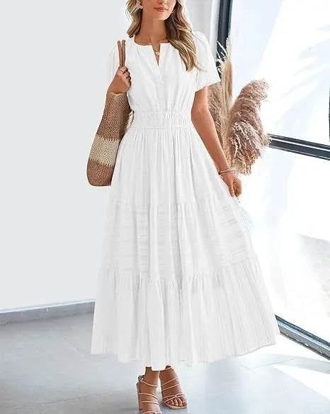 V-Neck Smocked Waist Tiered Maxi Dress