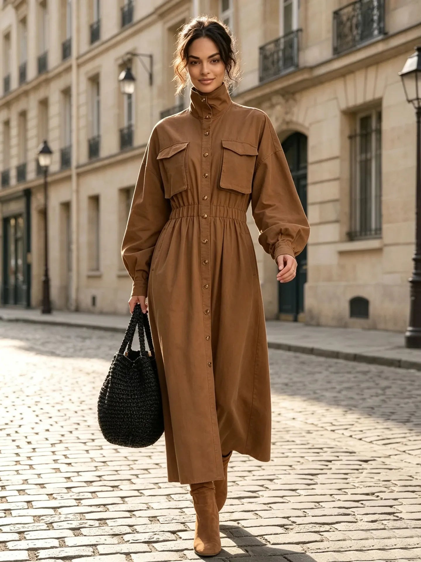 Ladies High Neck Button Down Midi Dress Long Sleeve Chest Pockets Cinched Waist Brown Autumn Dress