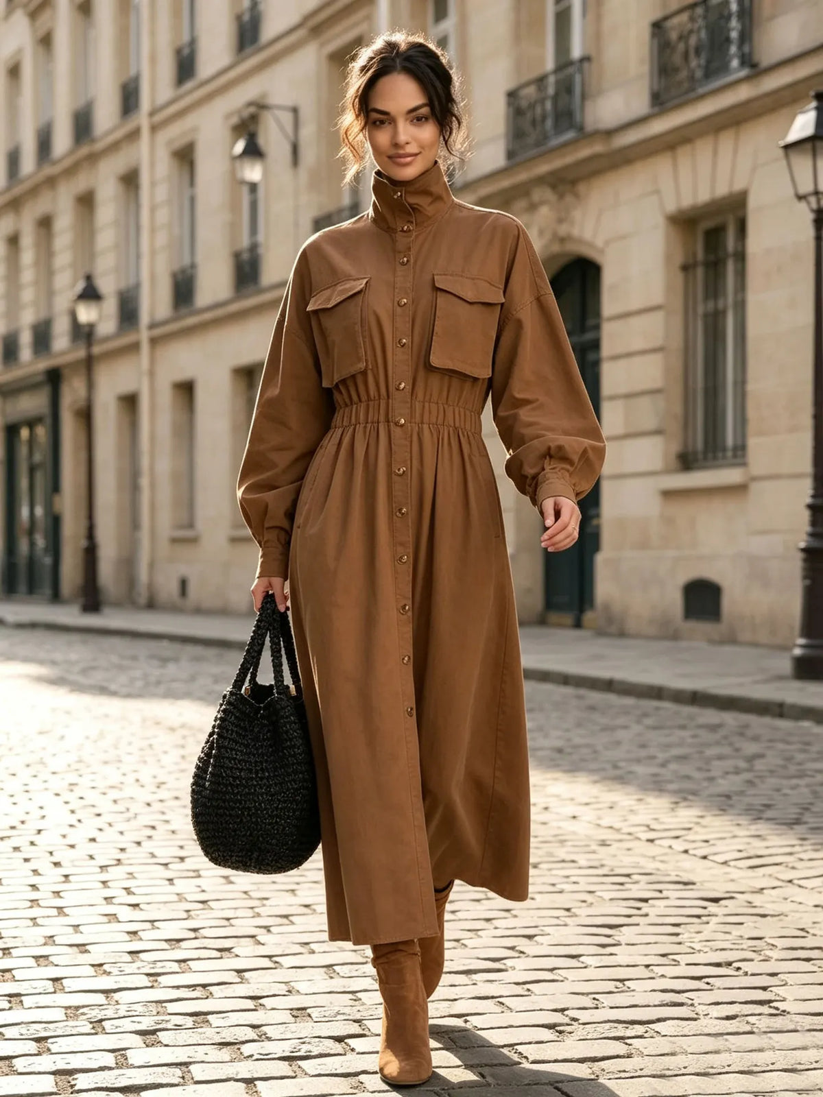 Ladies High Neck Button Down Midi Dress Long Sleeve Chest Pockets Cinched Waist Brown Autumn Dress