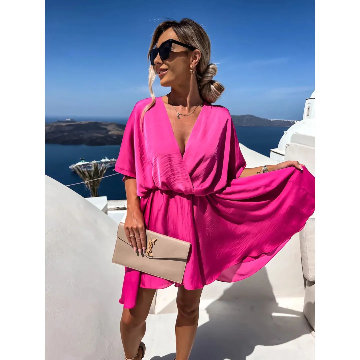 Batwing Sleeve Wrap Front Mini Dress