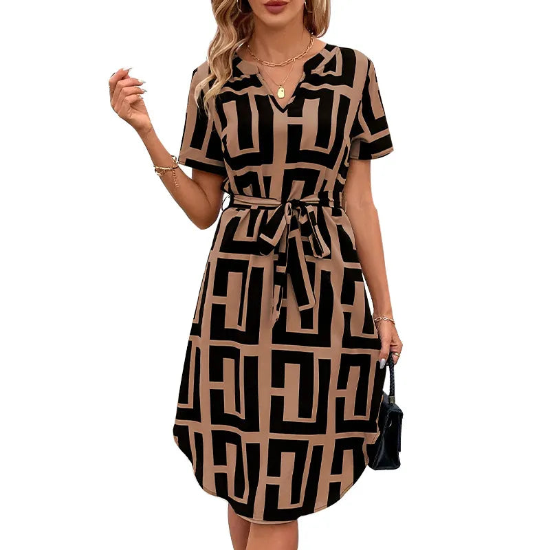 Geometric Print Tie-Waist V-Neck Midi Dress - Elegant A-Line Short-Sleeve Dress (S-XL)