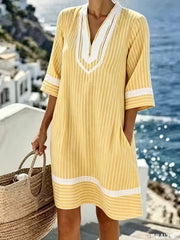 Vertical Striped V Neck Midi Dress