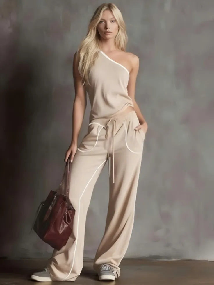 Contrast Piping One Shoulder Tank & Wide Leg Pants Two Piece Tracksuit Set