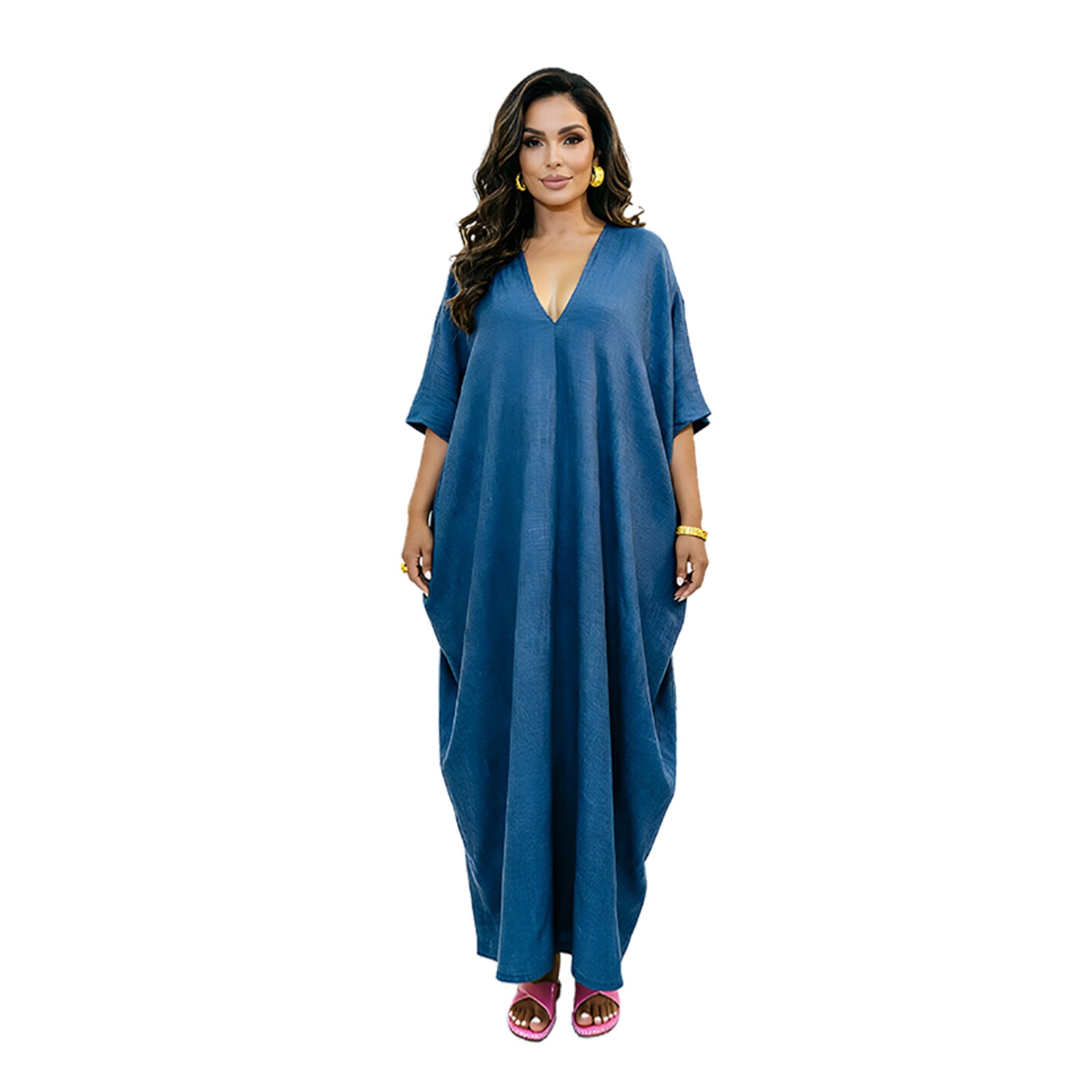 Deep V Neck Batwing Sleeve Loose Cotton Linen Maxi Kaftan Dress