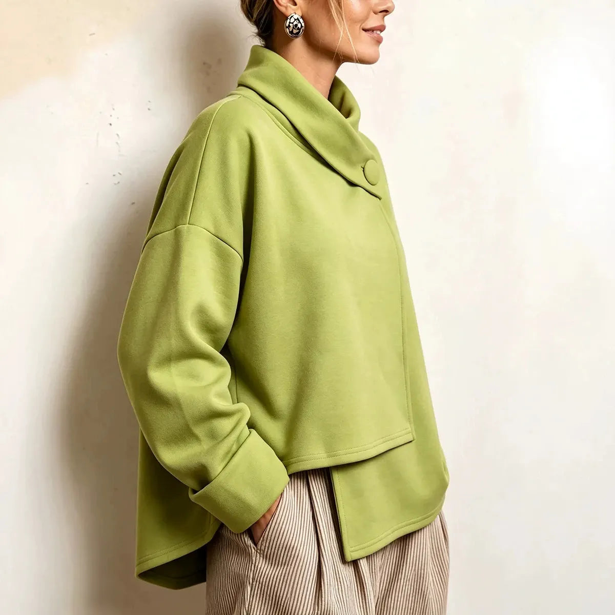 Asymmetric Button Turtleneck Sweatshirt Oversized Long Sleeve Wrap Collar Pullover