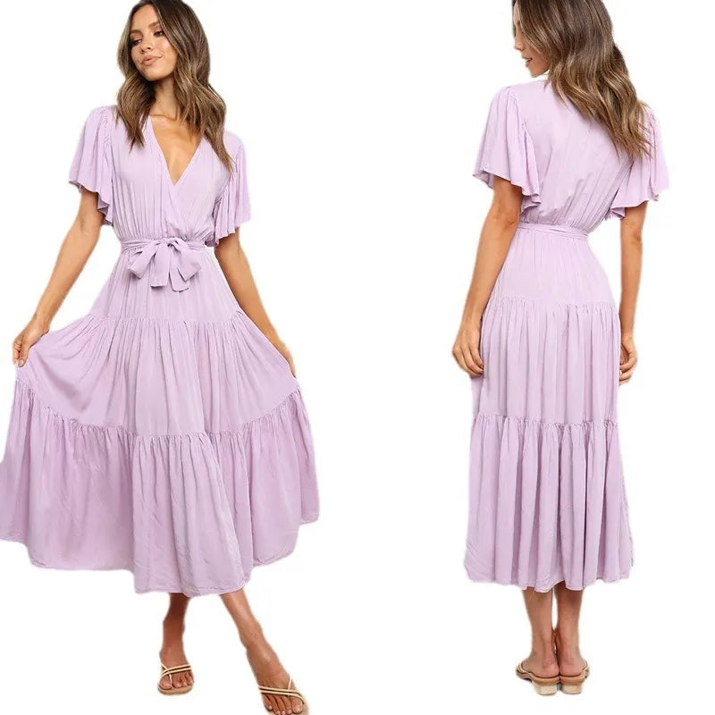 V Neck Flutter Short Sleeve Belted Tiered Maxi Swing Dress