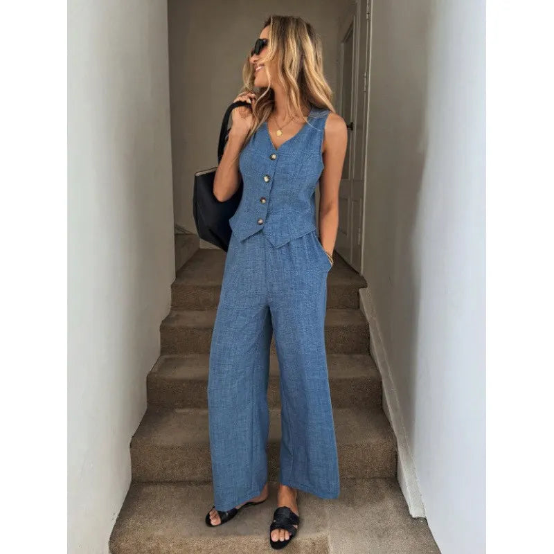 Green V-Neck Button Vest & Wide-Leg Pants Two-Piece Set