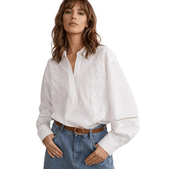White Floral Embroidery Eyelet Collar Oversized Long Sleeve Cotton Shirt