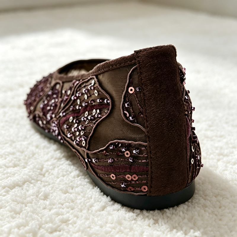 Romantic Sheer Mesh Beaded Ballet Flats, Retro Floral Embroidery Dressy Flat Shoes