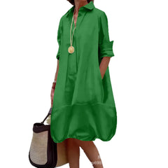 Solid Color Button Front Pocket Shirt Midi Dress