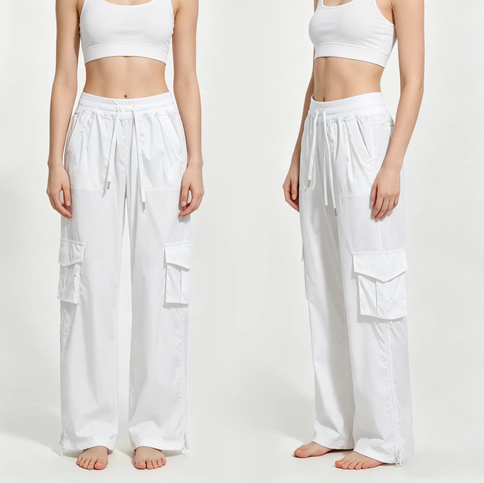 Matching Flowy Linen Look Drawstring Waist Multi Pocket Straight Cargo Street Casual Long Pants