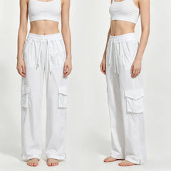 Matching Flowy Linen Look Drawstring Waist Multi Pocket Straight Cargo Street Casual Long Pants