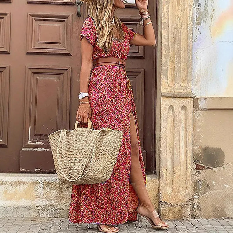 Wrap V Neck Short Sleeve Floral Print Maxi Dress