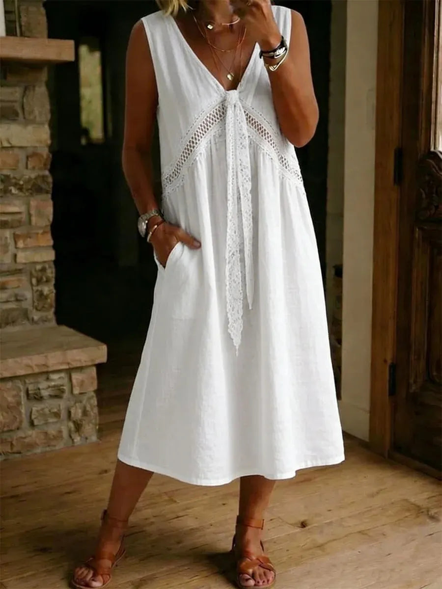 V-Neck Lace Tie Spliced Sleeveless Loose Midi Dress