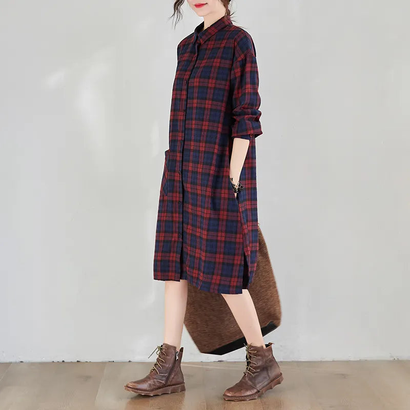 Loose Plaid Cotton Shirt Midi Dress