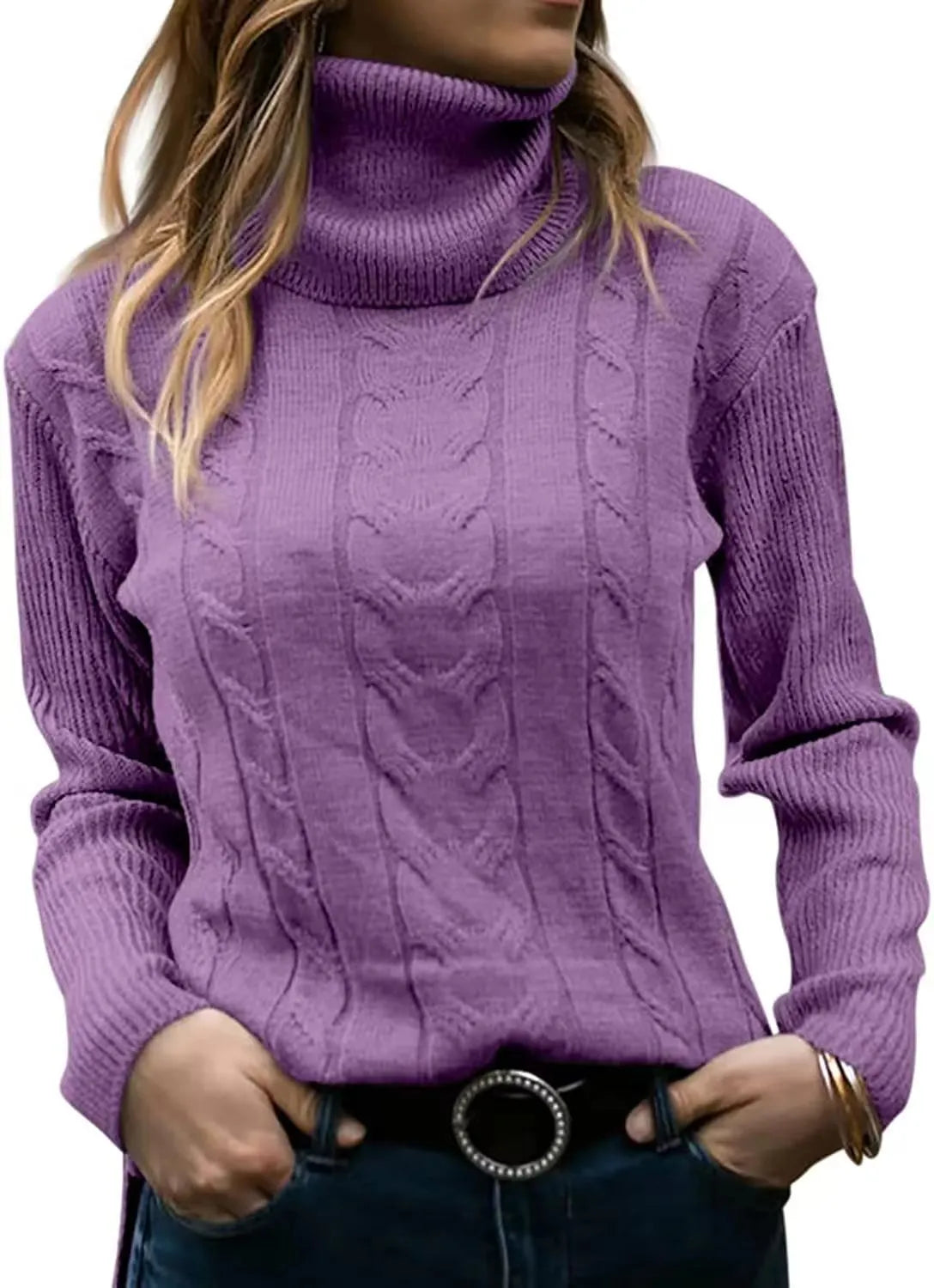 Thick Cable Knit Turtleneck Sweater, Classic Warm Long Sleeve Winter Jumper