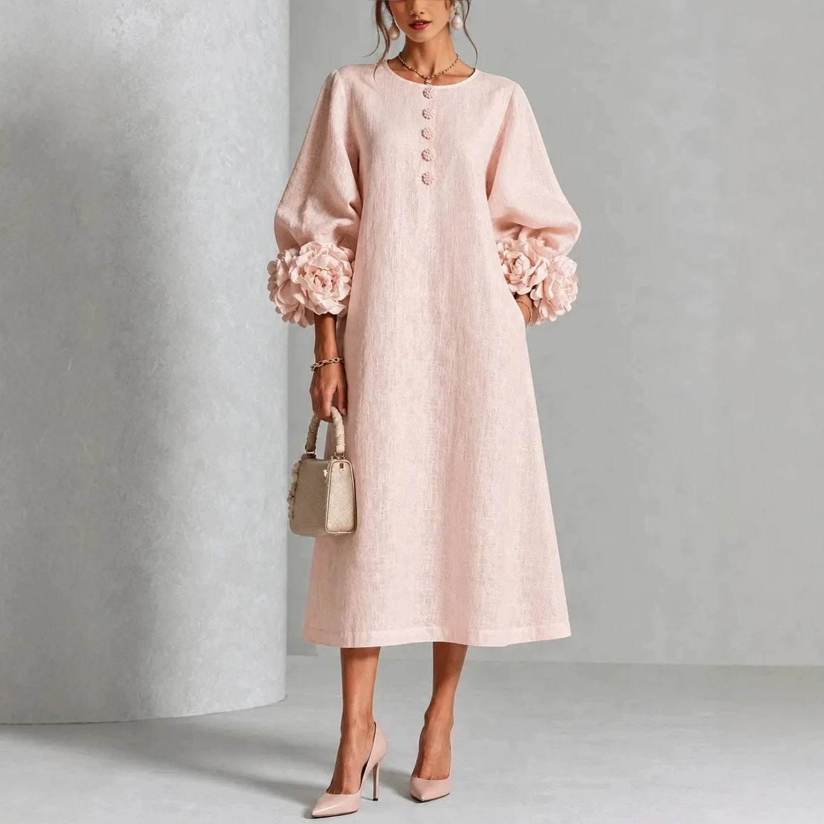 Light Pink Linen Midi Dress, 3D Floral Puff Sleeve Round Neck Button Front Loose Dress With Pockets