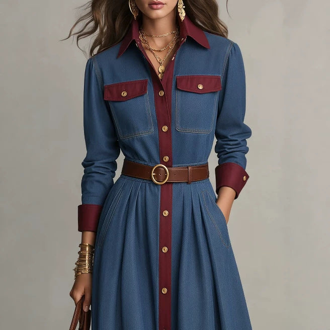 Color Block Denim Maxi Dress, Lapel Collar Long Sleeve Button Down Belted Pleated Shirt Dress