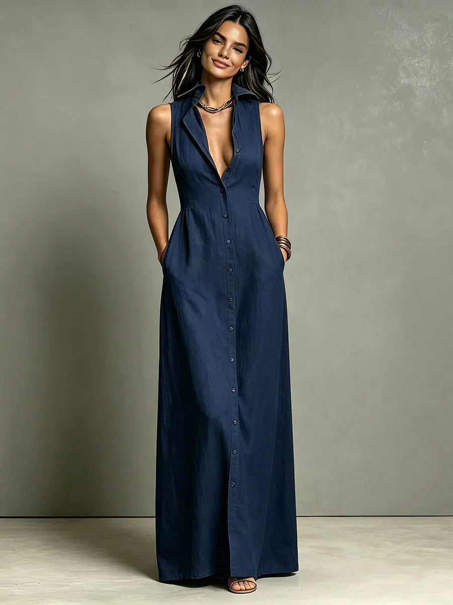 Sleeveless Collared Linen Shirt Maxi Dress