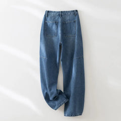 Matching Flowy Linen Look High Waist Loose Straight Washed Denim Casual Long Pants