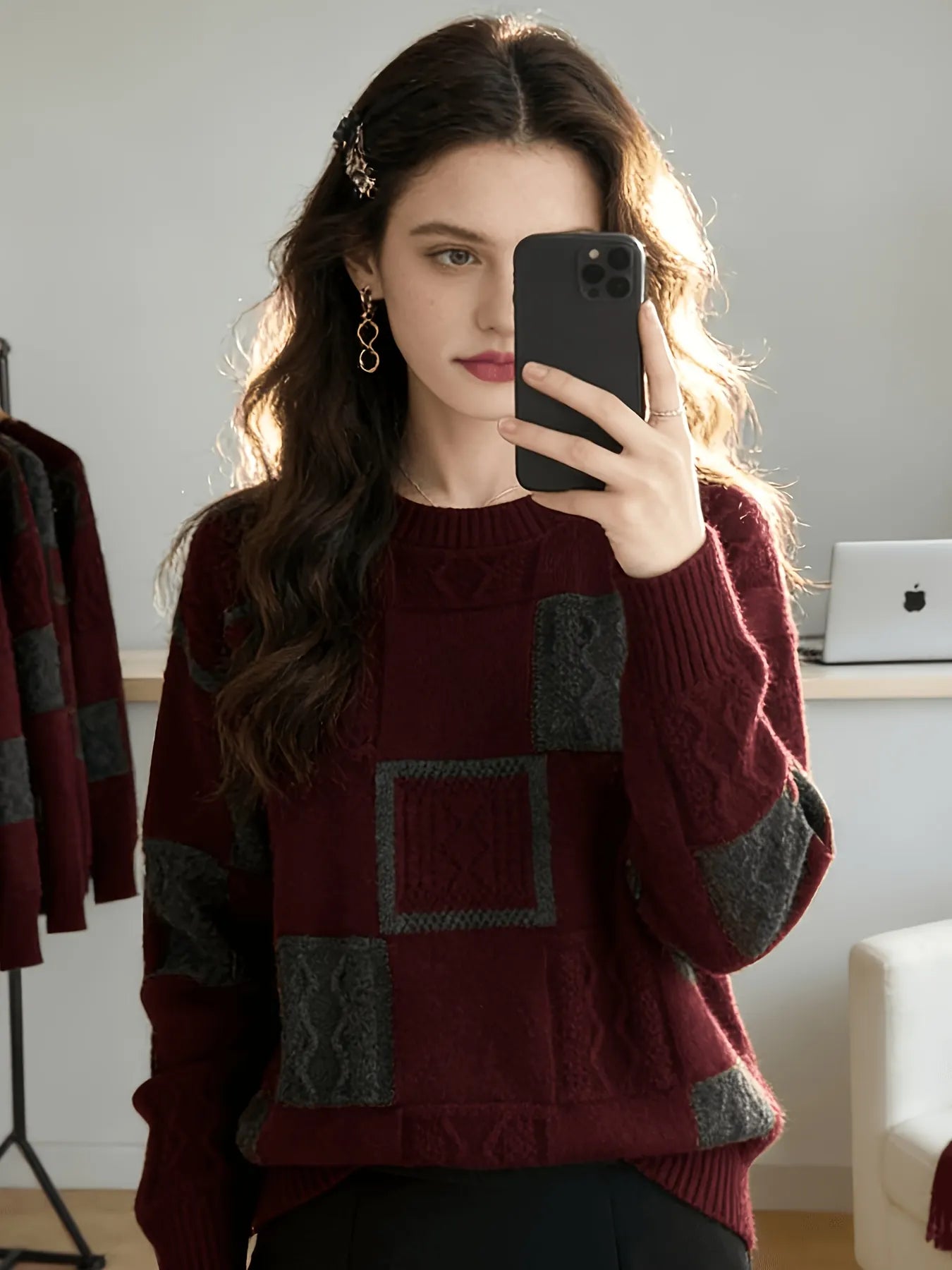 Color Block Patchwork Cable Knit Sweater