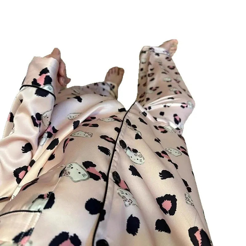Cute Kitty Leopard Print Satin Ladies Sleepwear, 2 Piece Long Sleeve Top & Pants Pajamas