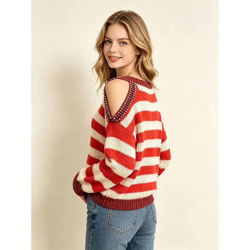 Striped Cold Shoulder Beaded Knit Pullover Sweater