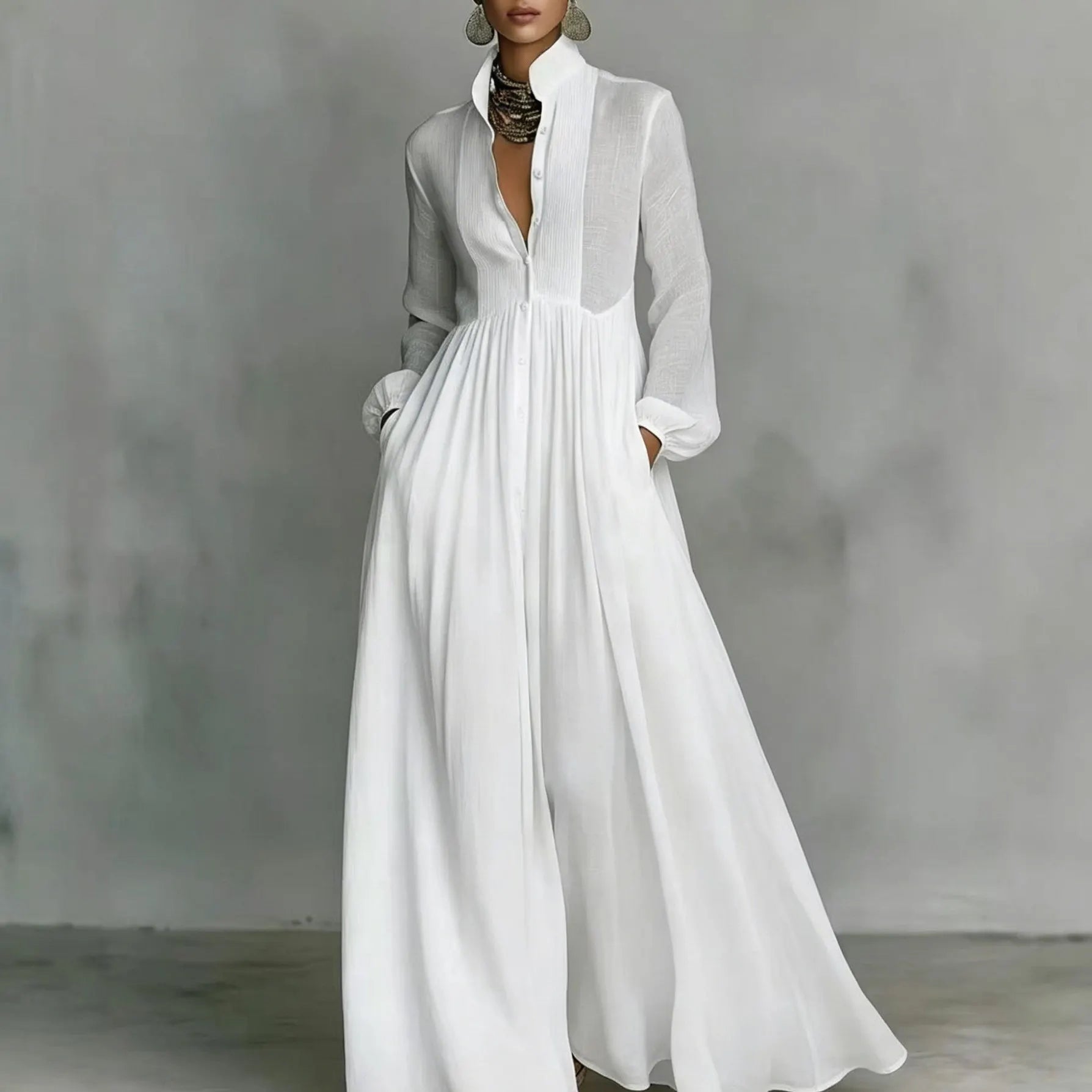 White Stand Collar Pleated Long Sleeve Maxi Shirt Dress