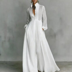 White Stand Collar Pleated Long Sleeve Maxi Shirt Dress