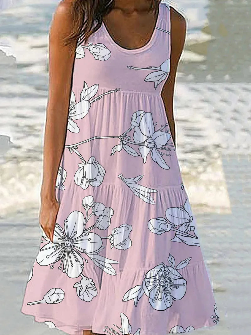 Floral Print Sleeveless Round Neck Tiered Midi Dress